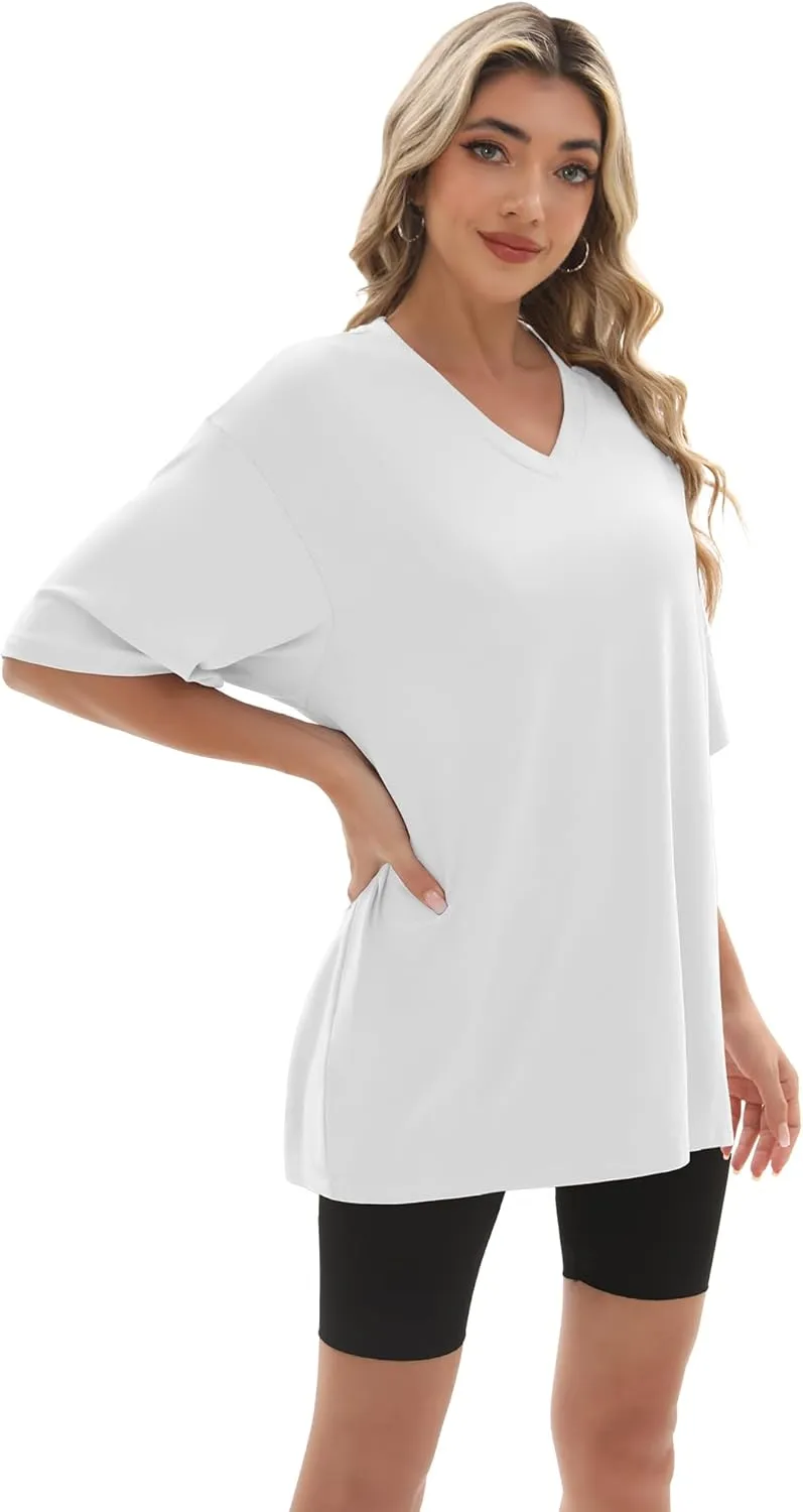 1/4 Pack Oversized TShirts for Women, Short Sleeve Drop shoulders Plus Size Baggy Dry Fit T Shirts Tops Tees