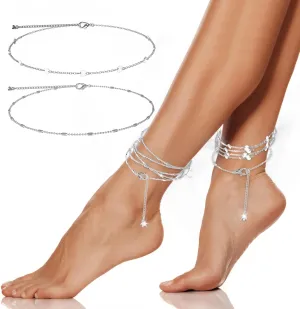 2 Pcs Extra Large Anklets for Women 14K Silver Plated Adjustable Bead and Sequin Anklet, Plus Size 26" and 6" Long Silver Anklet Bracelets with Lobster Clasp for DIY Custom Anklets for women