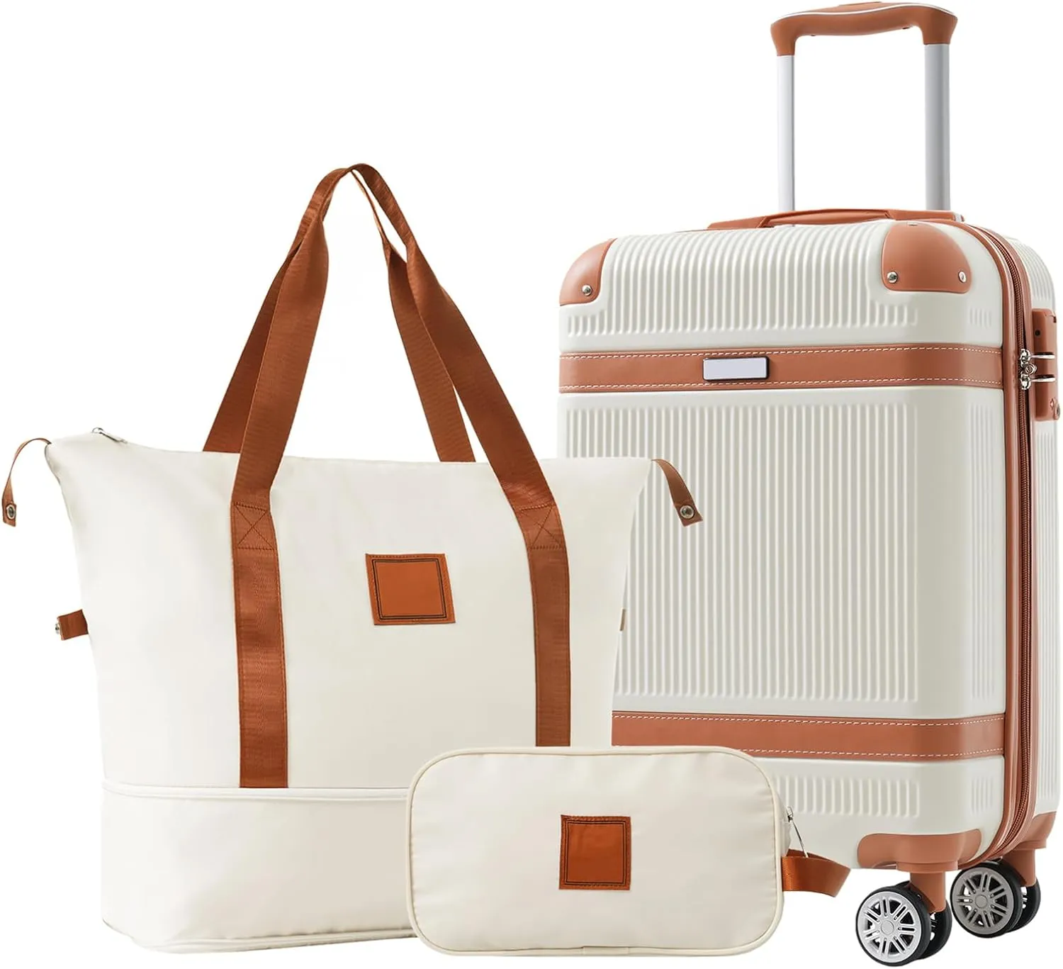 20-Inch ABS Hard Shell Luggage Carry-on Suitcase with Travel Duffel Bag and Toiletry Bag TSA Lock Durable Corner Guards for Effortless Trave (White)