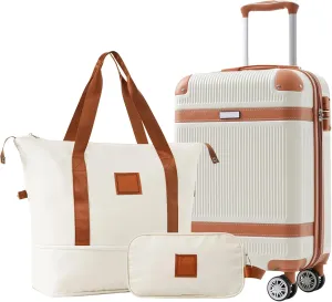 20-Inch ABS Hard Shell Luggage Carry-on Suitcase with Travel Duffel Bag and Toiletry Bag TSA Lock Durable Corner Guards for Effortless Trave (White)
