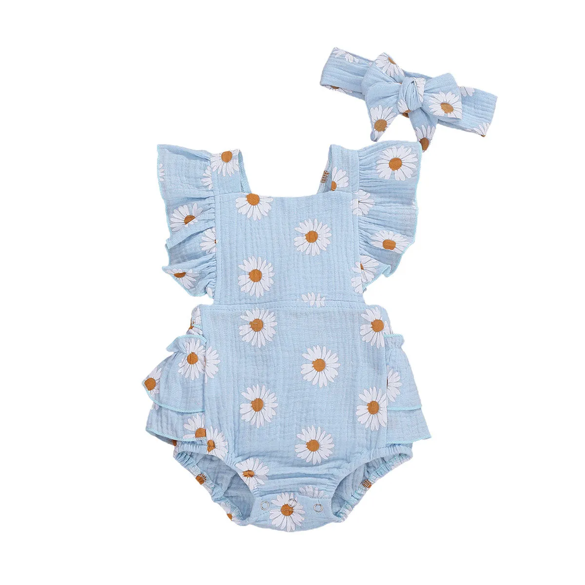 2Pcs Baby Girl Daisy Printed Off Shoulder Romper