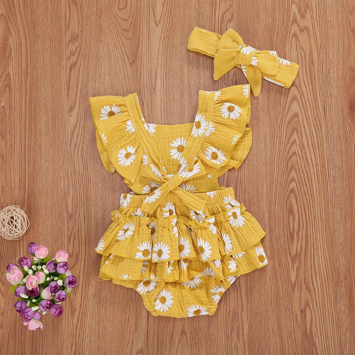 2Pcs Baby Girl Daisy Printed Off Shoulder Romper