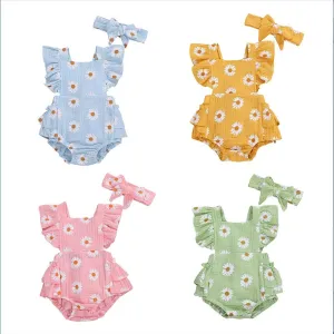 2Pcs Baby Girl Daisy Printed Off Shoulder Romper