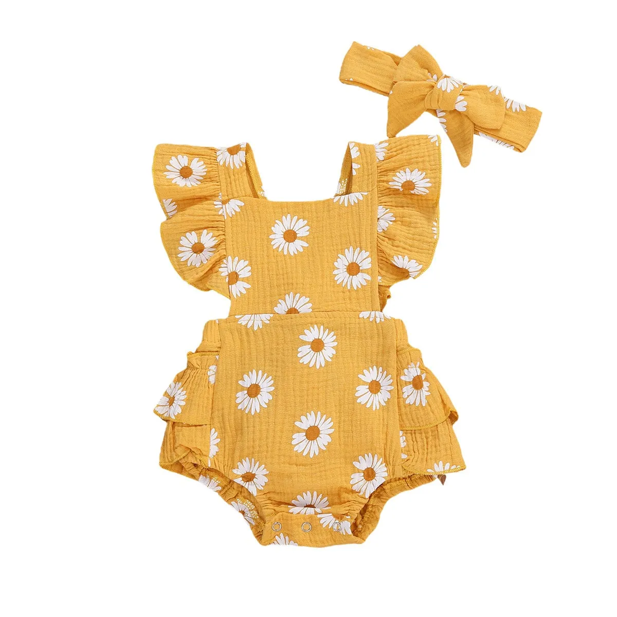 2Pcs Baby Girl Daisy Printed Off Shoulder Romper