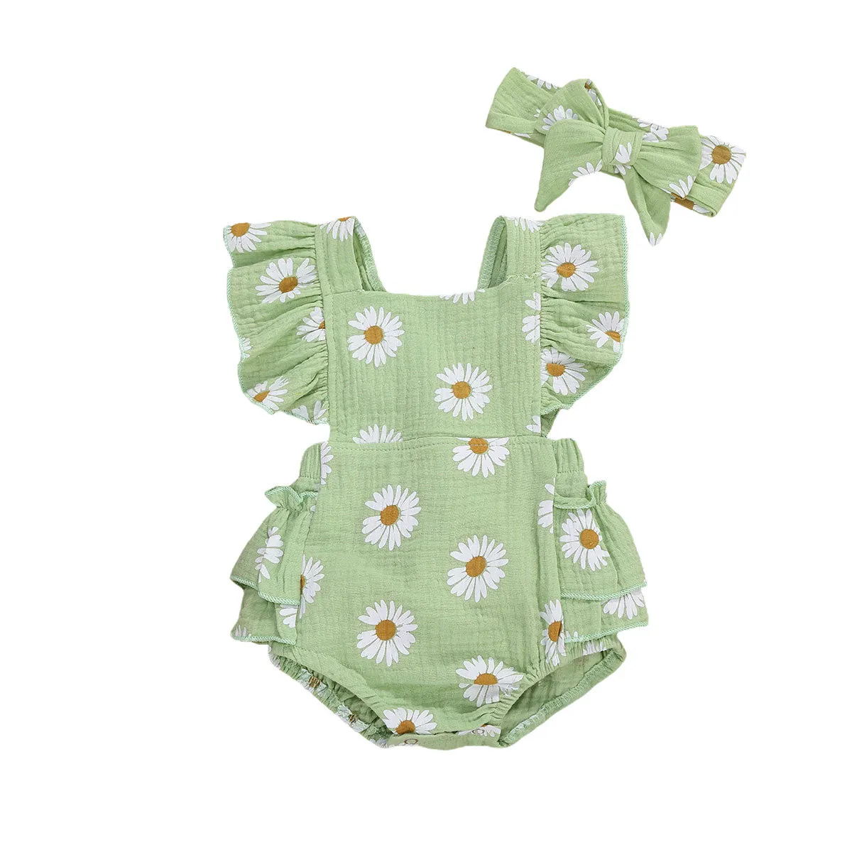 2Pcs Baby Girl Daisy Printed Off Shoulder Romper