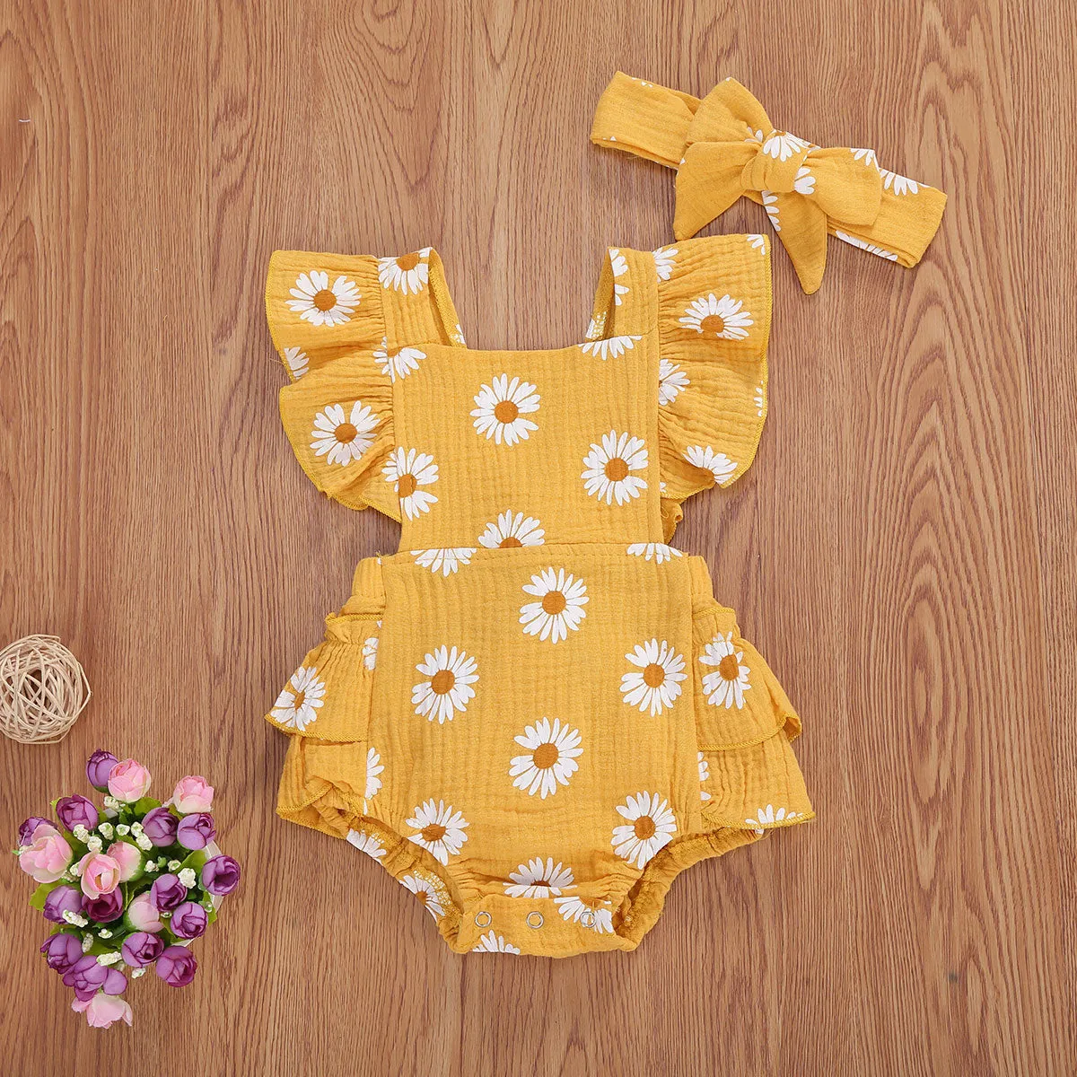 2Pcs Baby Girl Daisy Printed Off Shoulder Romper