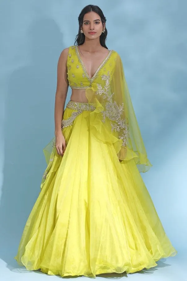 300639-RO Bright Yellow Embroidered Designer Lehenga