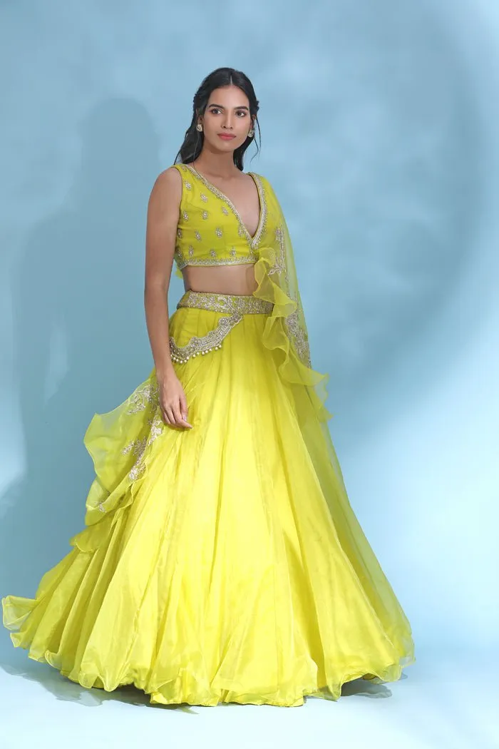 300639-RO Bright Yellow Embroidered Designer Lehenga