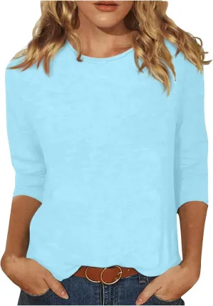 3/4 Length Sleeve Womens Tops 2025 Spring Casual Loose Fit Crew Neck T Shirts Soft Three Quarter Length Tunic Tops