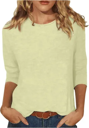 3/4 Length Sleeve Womens Tops 2025 Spring Casual Loose Fit Crew Neck T Shirts Soft Three Quarter Length Tunic Tops