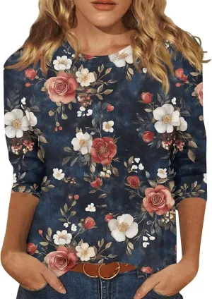 3/4 Length Sleeve Womens Tops Dressy Casual Round Neck T-Shirts Trendy Basic Tees Blouses Business Work Tee Top