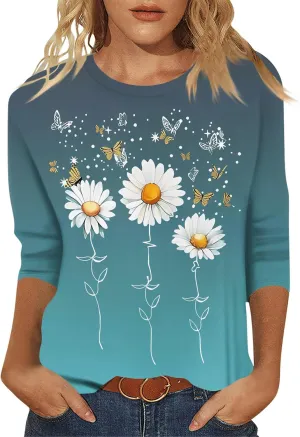 3/4 Length Sleeve Womens Tops Dressy Casual Round Neck T-Shirts Trendy Basic Tees Blouses Business Work Tee Top