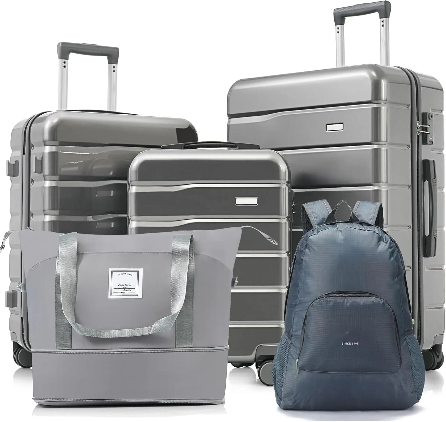 5 Piece Luggage Set for Effortless Travel, Expandable Duffel & Foldable Backpack, 20"/24"/28" Suitcases with 360 Spinner Wheels, Grey