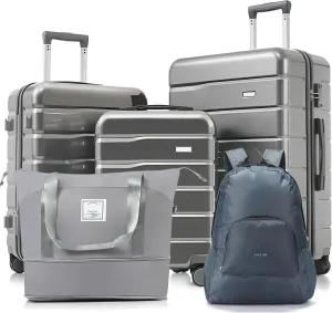 5 Piece Luggage Set for Effortless Travel, Expandable Duffel & Foldable Backpack, 20"/24"/28" Suitcases with 360 Spinner Wheels, Grey