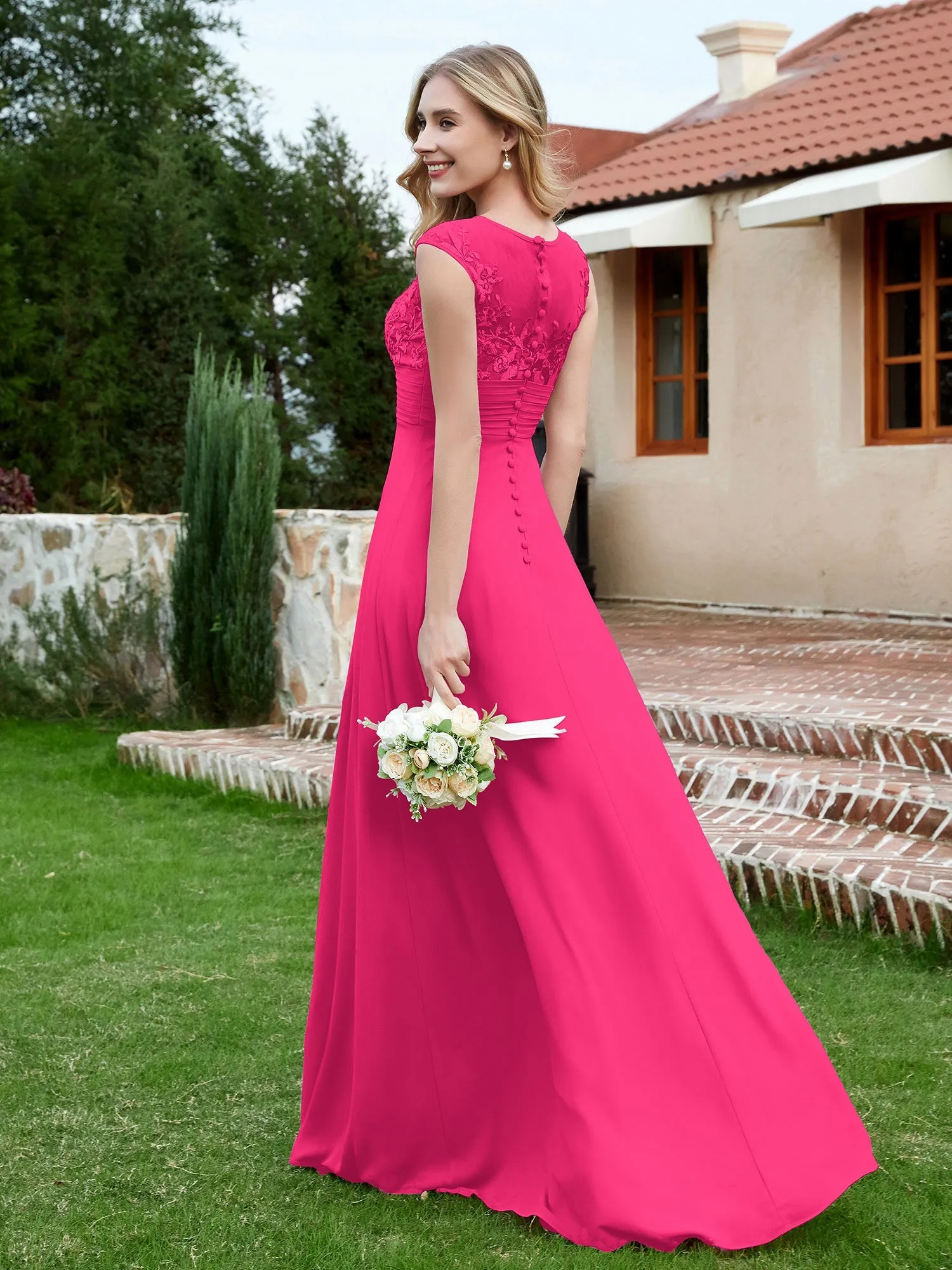 A-Line Chiffon Dress with Illusion Neckline Fuchsia