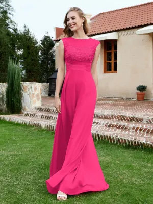 A-Line Chiffon Dress with Illusion Neckline Fuchsia