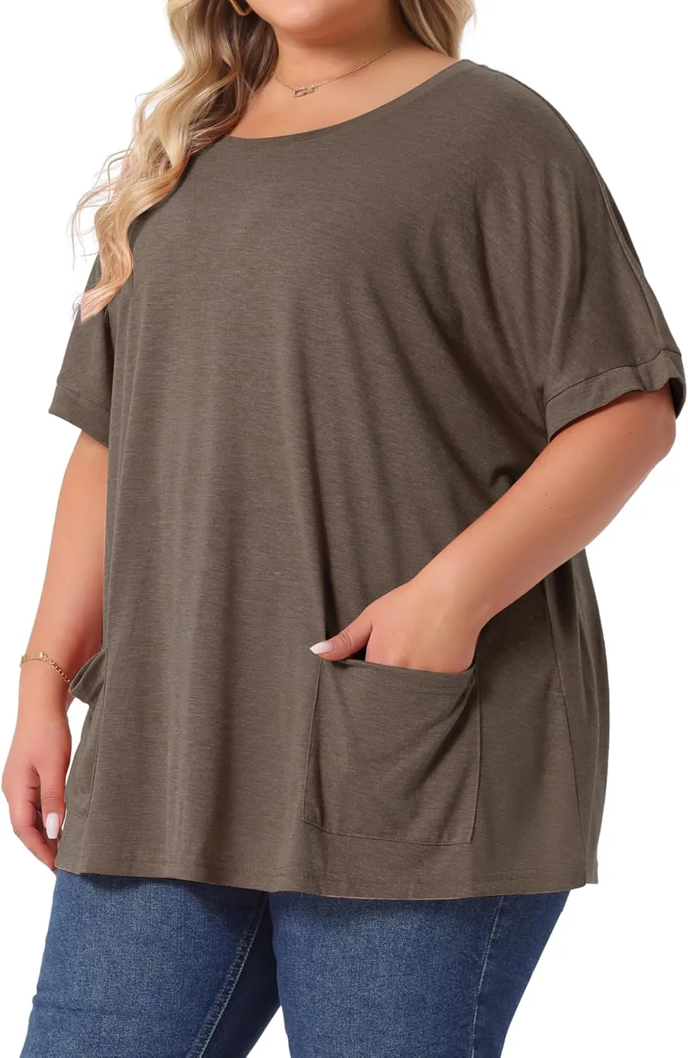 Agnes Orinda Plus Size Women's Crew Neck Short Sleeve Tops Loose Fit Summer t Shirt Tee Tops with Pocket Casual 2025