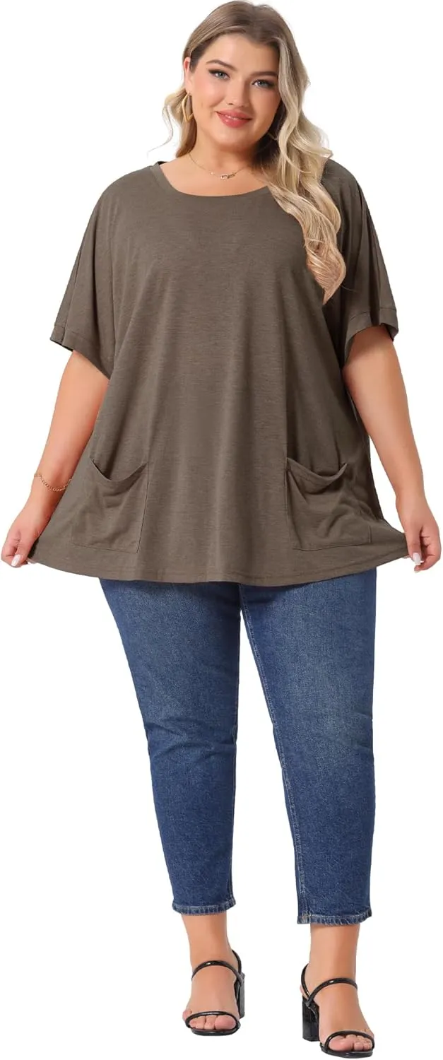 Agnes Orinda Plus Size Women's Crew Neck Short Sleeve Tops Loose Fit Summer t Shirt Tee Tops with Pocket Casual 2025