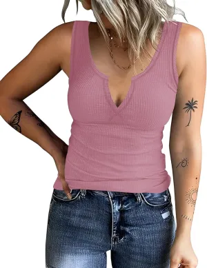 AKEWEI Women's Stretchy Ribbed V Neck Tank Tops Soft Summer Casual Sleeveless Tops Basic Cami Tee Shirts Tank Top for Women