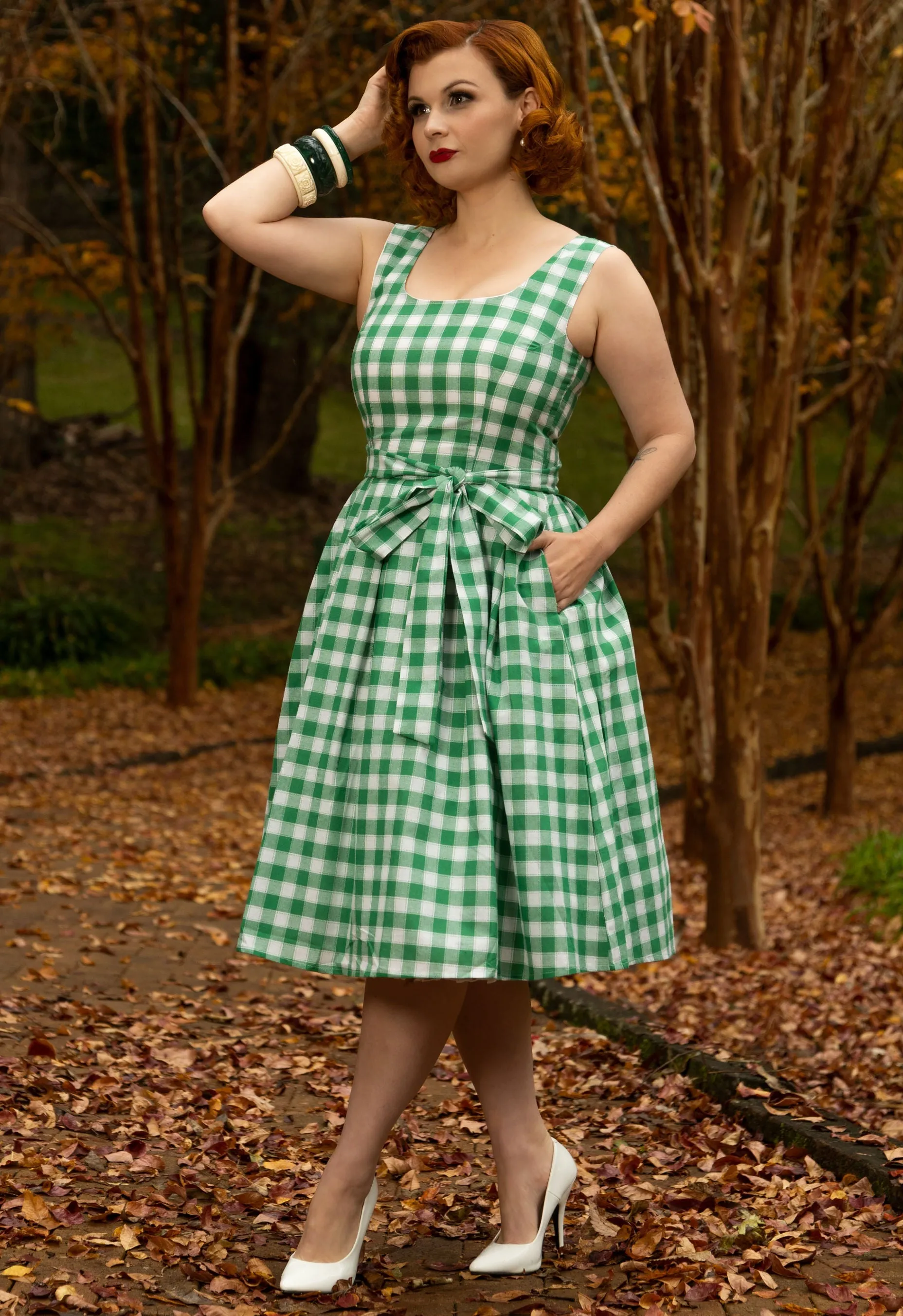 Amanda Green & White Check Swing Dress