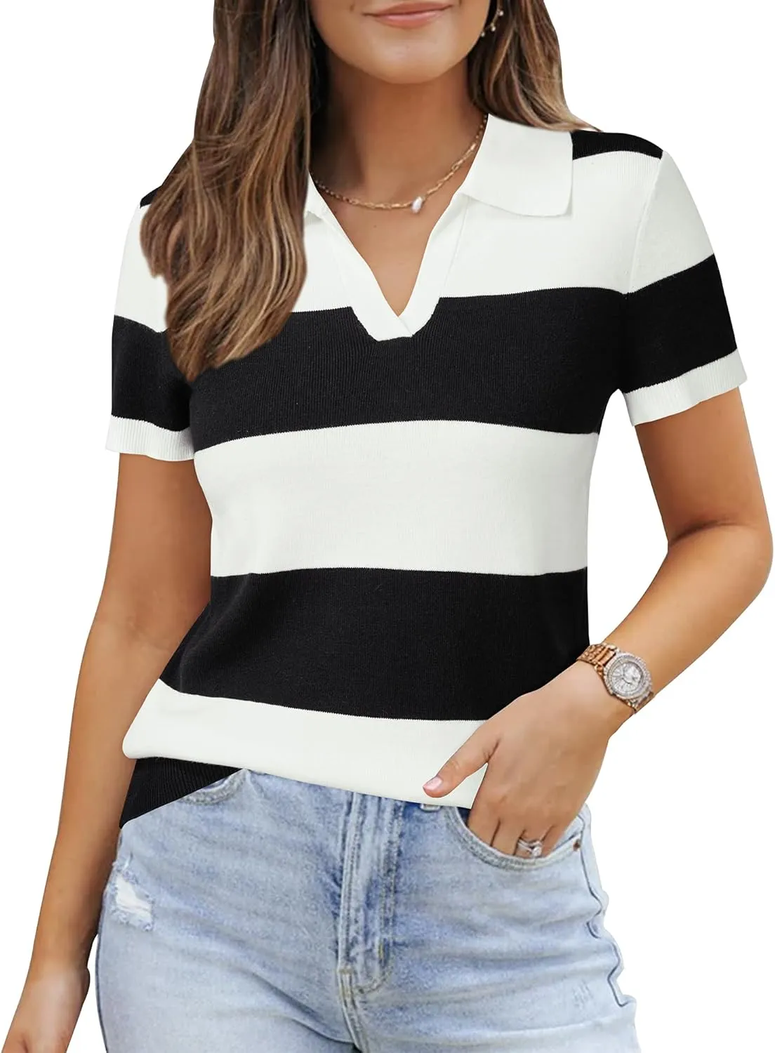 Arach&Cloz 2025 Women's Wool Blend Polo Shirts Spring Summer Tops Short Sleeve Soft Trendy Old Money Business Casual Outfits