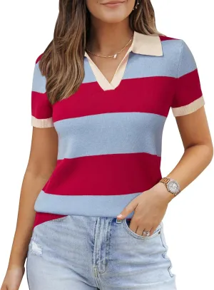 Arach&Cloz 2025 Women's Wool Blend Polo Shirts Spring Summer Tops Short Sleeve Soft Trendy Old Money Business Casual Outfits
