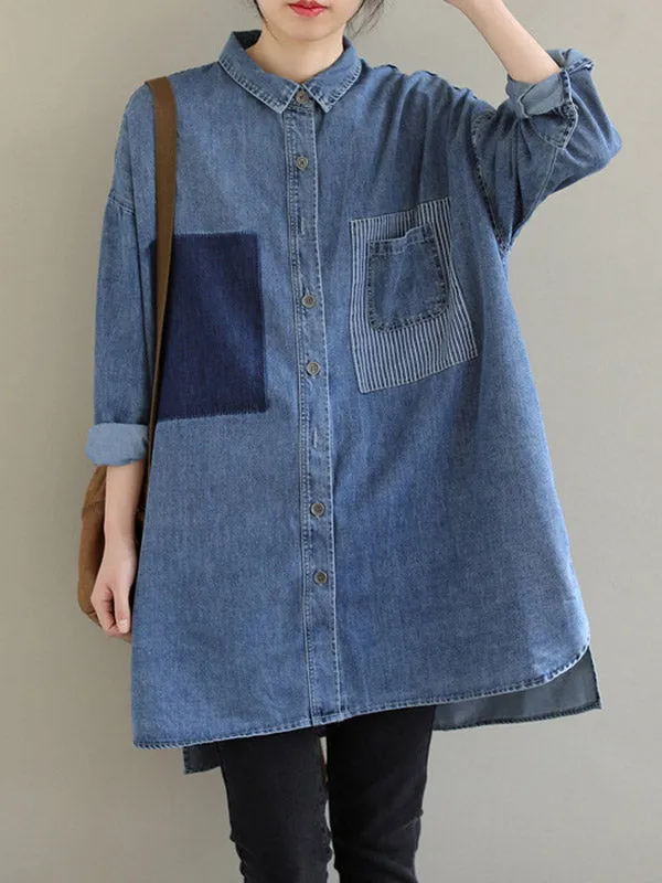 Asymmetric Buttoned Pockets Split-Joint High-Low Long Sleeves Lapel Blouses&Shirts Tops