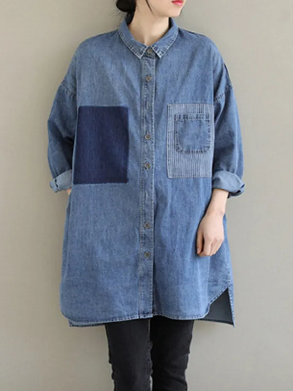 Asymmetric Buttoned Pockets Split-Joint High-Low Long Sleeves Lapel Blouses&Shirts Tops