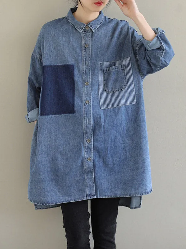 Asymmetric Buttoned Pockets Split-Joint High-Low Long Sleeves Lapel Blouses&Shirts Tops