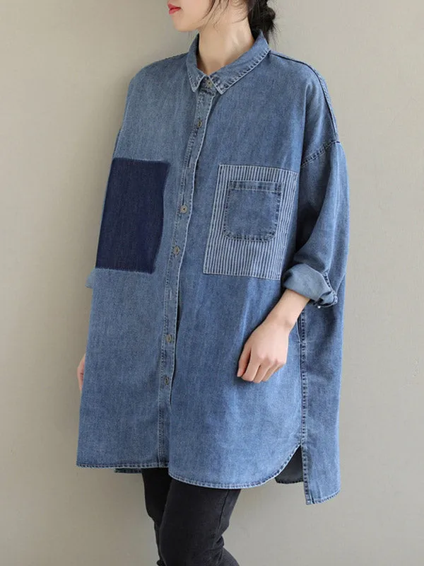 Asymmetric Buttoned Pockets Split-Joint High-Low Long Sleeves Lapel Blouses&Shirts Tops