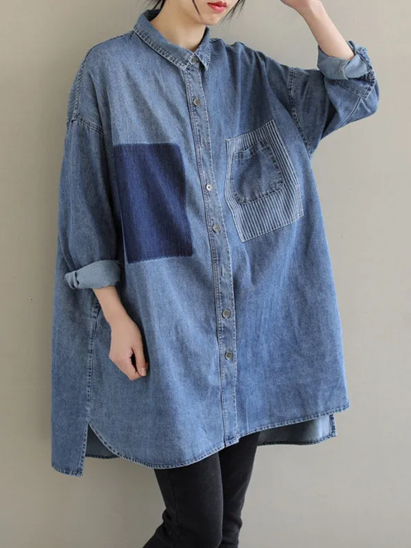 Asymmetric Buttoned Pockets Split-Joint High-Low Long Sleeves Lapel Blouses&Shirts Tops