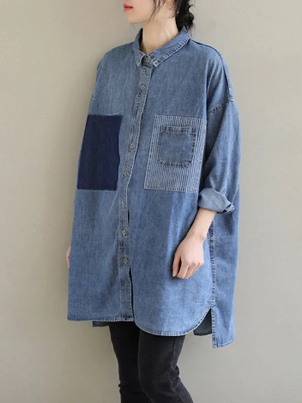 Asymmetric Buttoned Pockets Split-Joint High-Low Long Sleeves Lapel Blouses&Shirts Tops