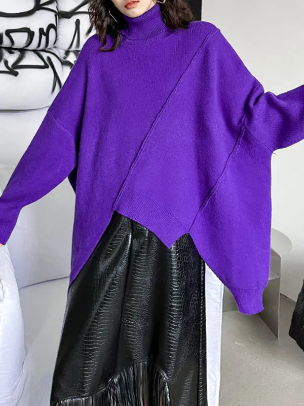 Asymmetric Solid Color Batwing Sleeves Long Sleeves High Neck Sweater Tops Pullovers