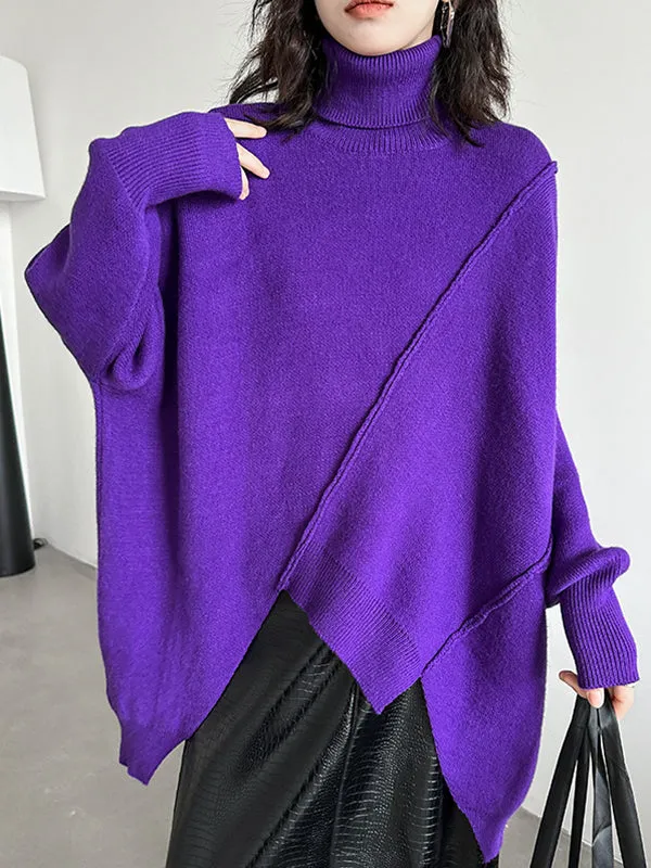 Asymmetric Solid Color Batwing Sleeves Long Sleeves High Neck Sweater Tops Pullovers
