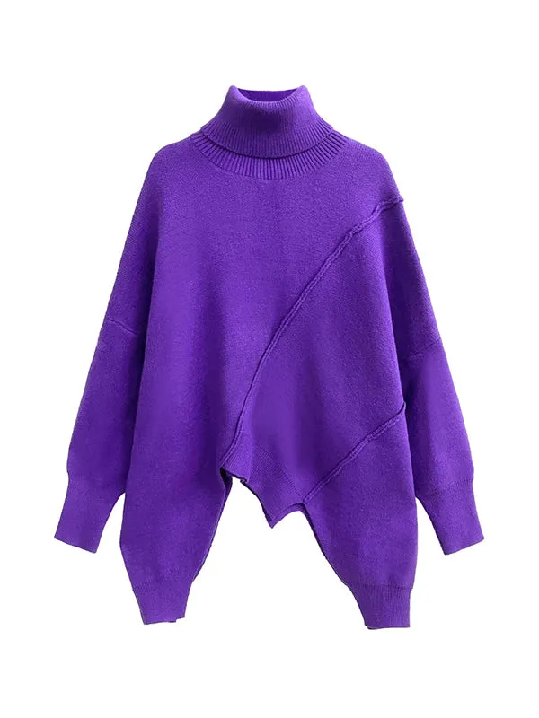 Asymmetric Solid Color Batwing Sleeves Long Sleeves High Neck Sweater Tops Pullovers