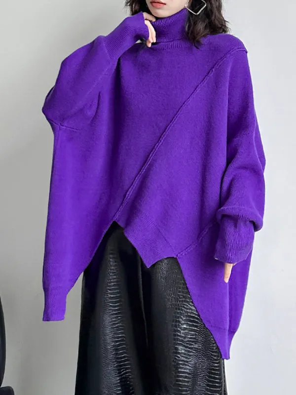 Asymmetric Solid Color Batwing Sleeves Long Sleeves High Neck Sweater Tops Pullovers
