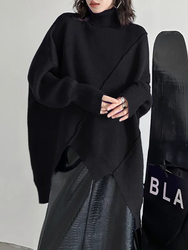 Asymmetric Solid Color Batwing Sleeves Long Sleeves High Neck Sweater Tops Pullovers