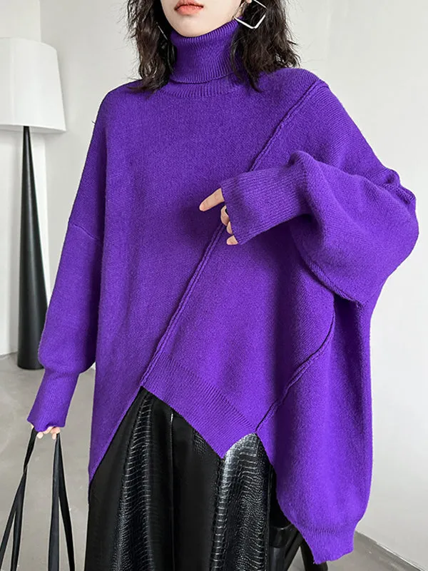 Asymmetric Solid Color Batwing Sleeves Long Sleeves High Neck Sweater Tops Pullovers