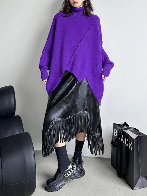 Asymmetric Solid Color Batwing Sleeves Long Sleeves High Neck Sweater Tops Pullovers