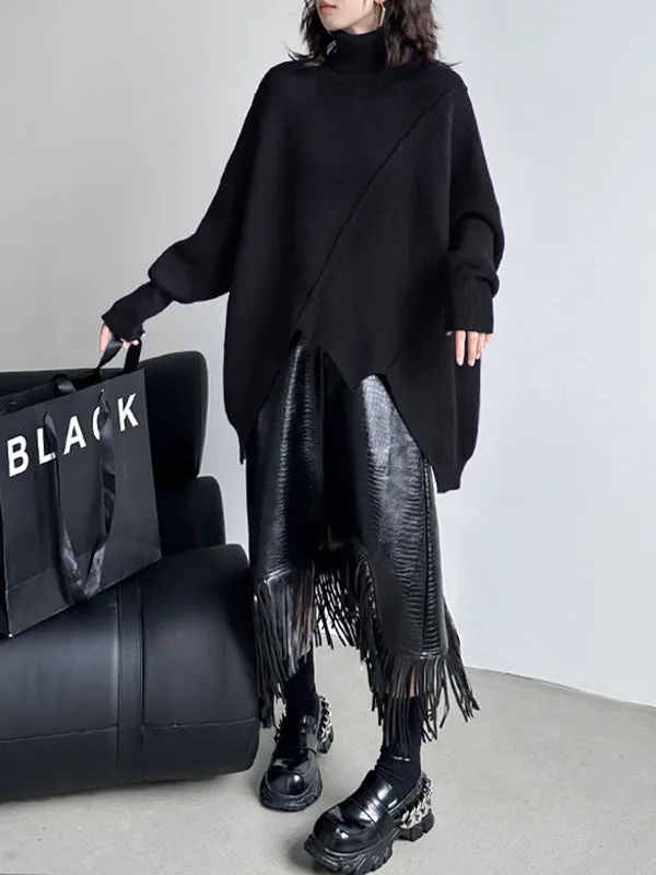 Asymmetric Solid Color Batwing Sleeves Long Sleeves High Neck Sweater Tops Pullovers