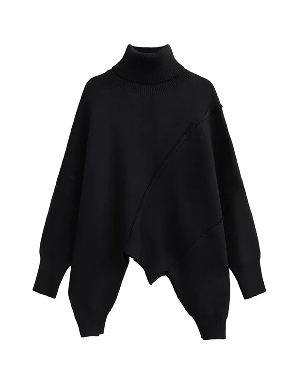 Asymmetric Solid Color Batwing Sleeves Long Sleeves High Neck Sweater Tops Pullovers