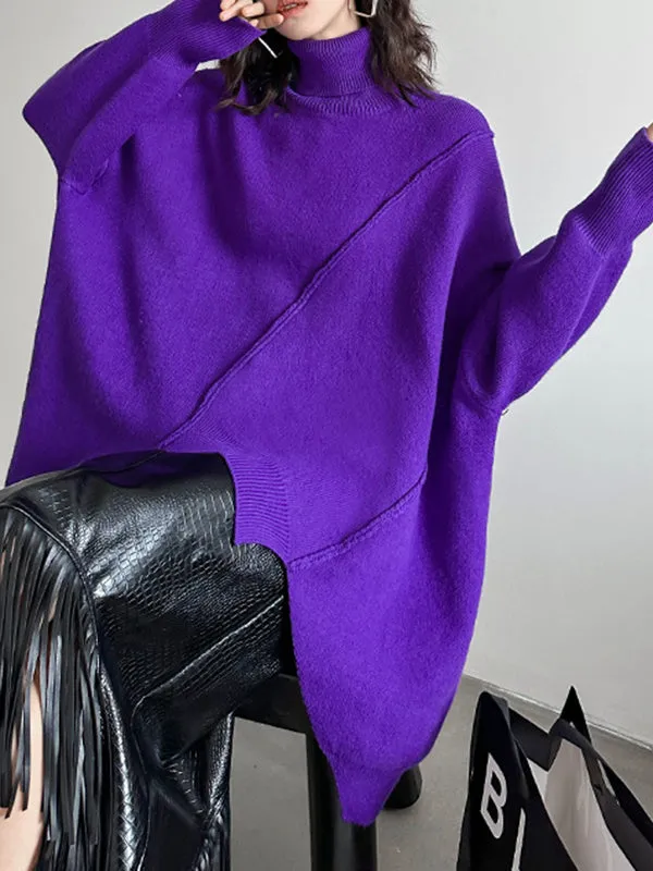Asymmetric Solid Color Batwing Sleeves Long Sleeves High Neck Sweater Tops Pullovers