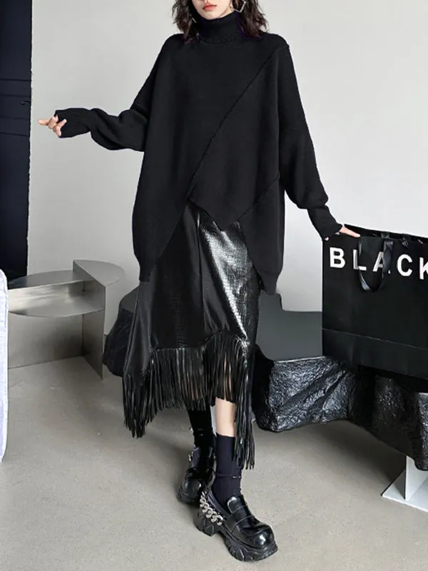 Asymmetric Solid Color Batwing Sleeves Long Sleeves High Neck Sweater Tops Pullovers