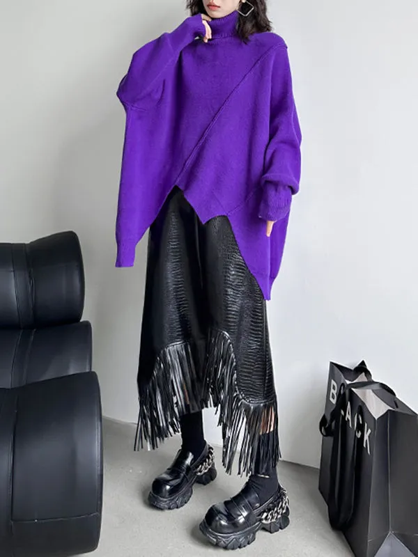 Asymmetric Solid Color Batwing Sleeves Long Sleeves High Neck Sweater Tops Pullovers
