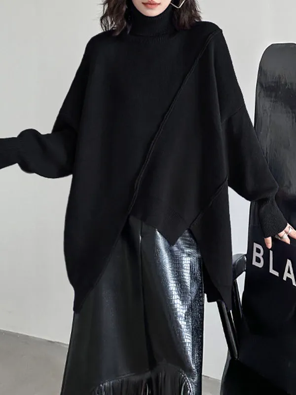 Asymmetric Solid Color Batwing Sleeves Long Sleeves High Neck Sweater Tops Pullovers