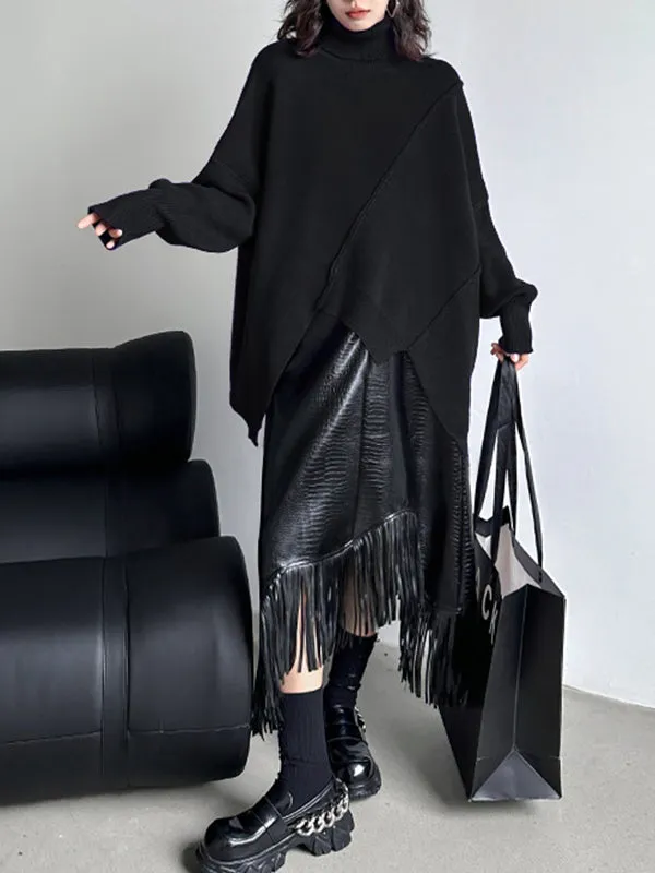 Asymmetric Solid Color Batwing Sleeves Long Sleeves High Neck Sweater Tops Pullovers