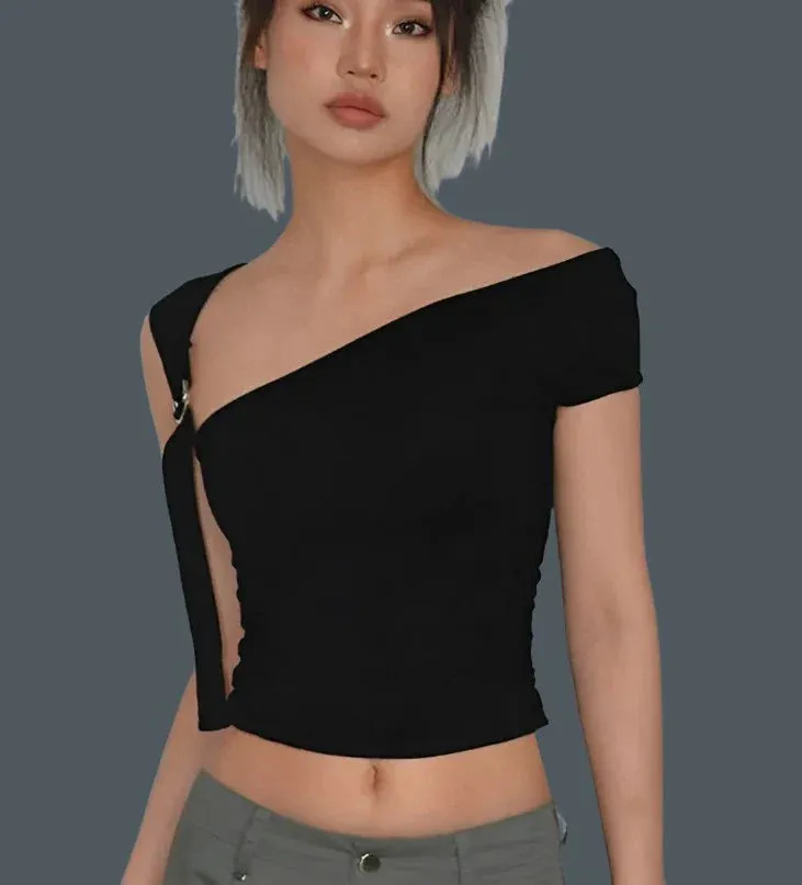 Asymmetric Strap Buckle Charming Sleeve Crop Top
