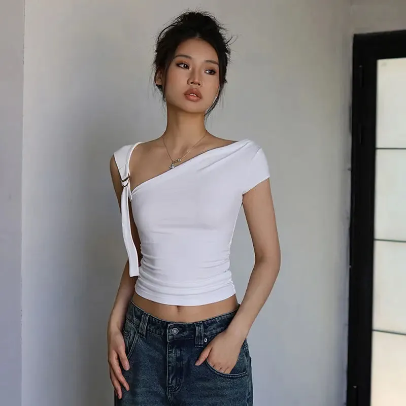 Asymmetric Strap Buckle Charming Sleeve Crop Top