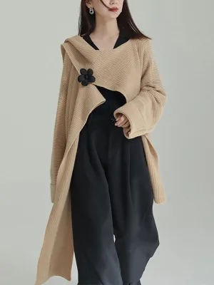 Asymmetric Three-Dimensional Flower High-Low Long Sleeves Round-Neck Cardigan Tops