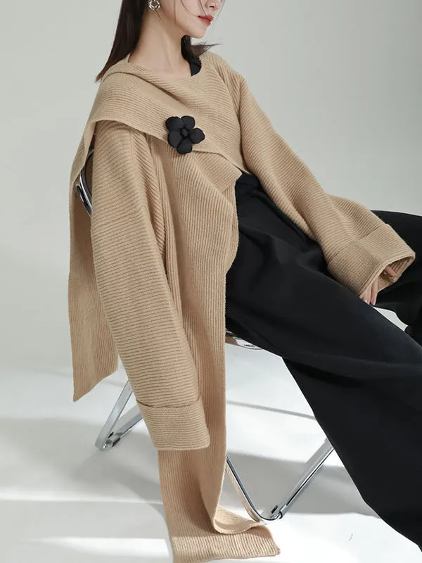 Asymmetric Three-Dimensional Flower High-Low Long Sleeves Round-Neck Cardigan Tops